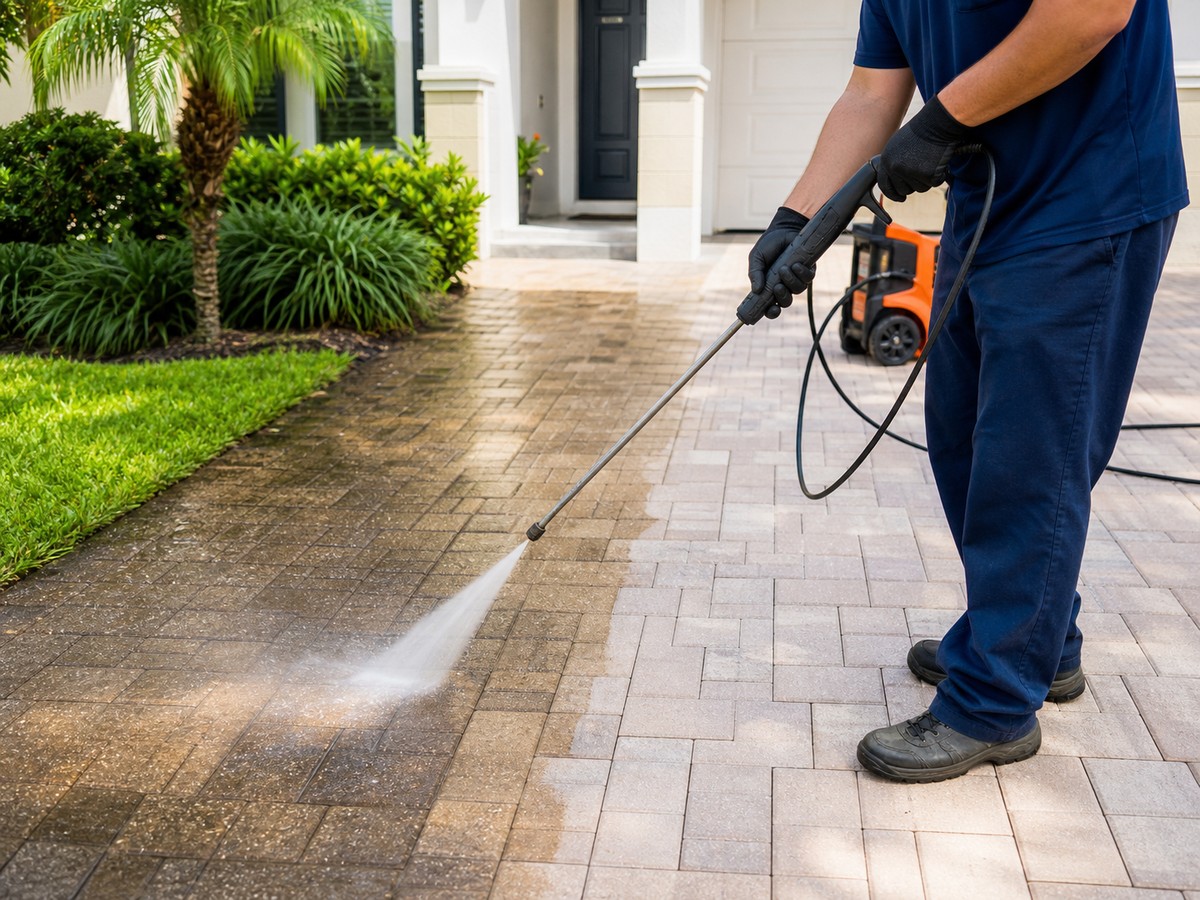 Residential pressure washing driveway pavers